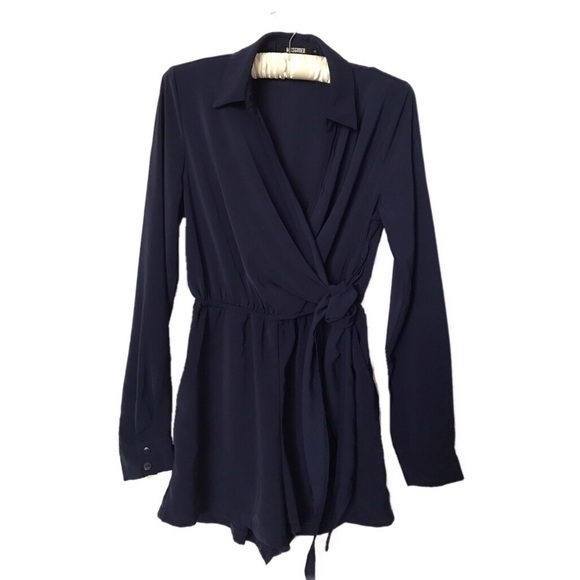 MISSGUIDED | Navy Wrap Front Shirt Romper - Picture 4 of 7
